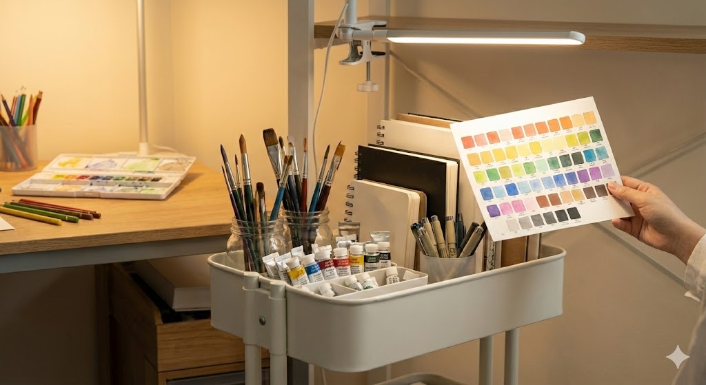 高演色LEDライトで正確な色味を確認しながら着彩する手元