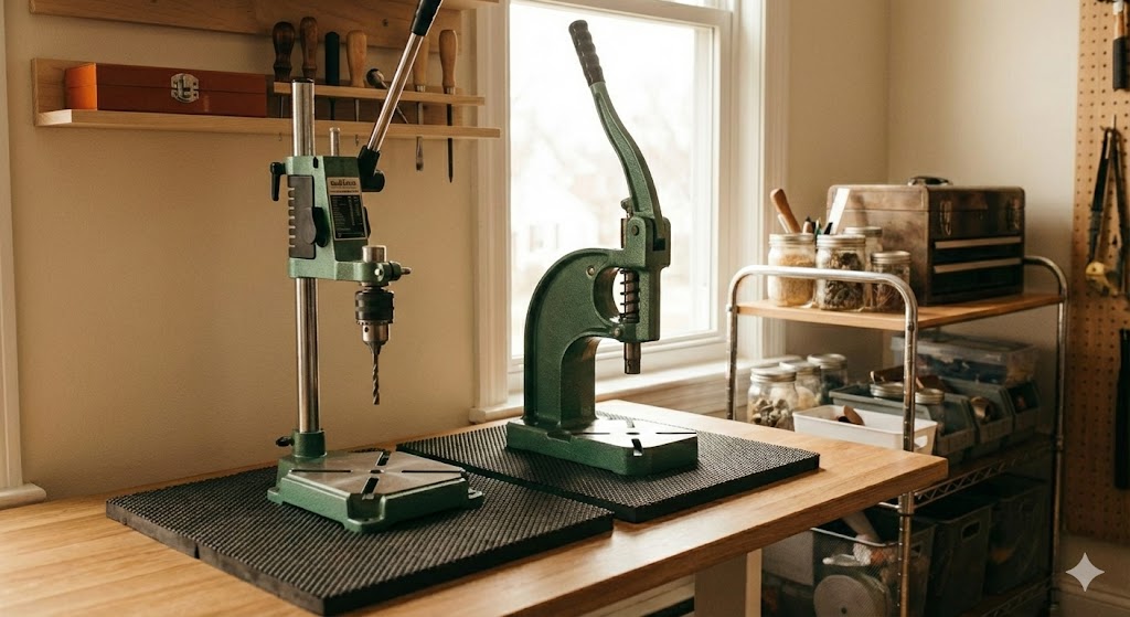 垂直ドリルスタンドを改造して菱目打ちをセットした静音プレス機