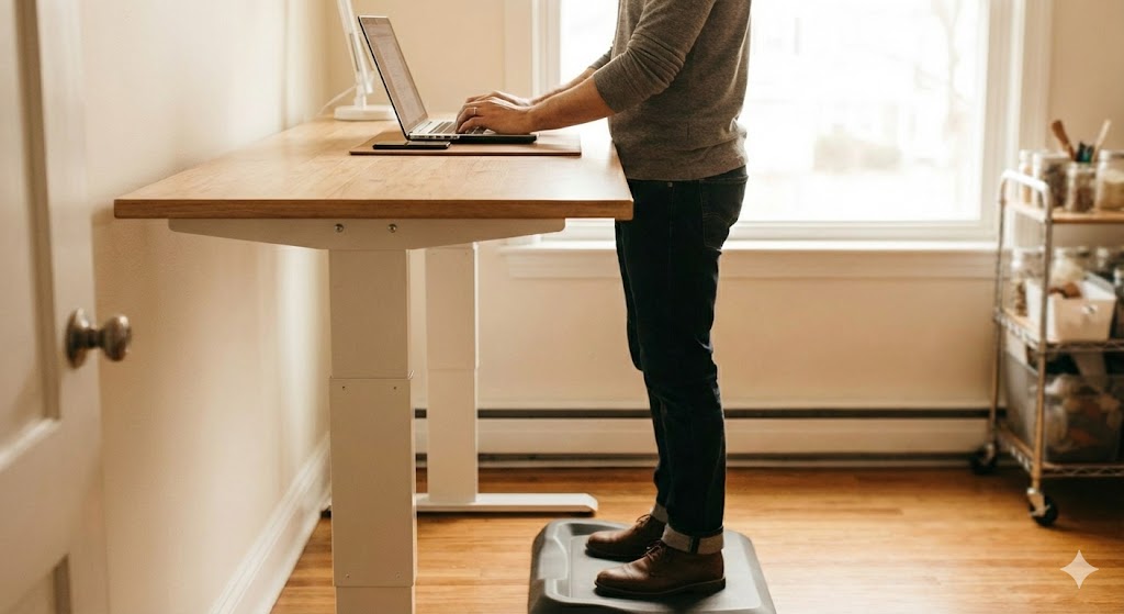スタンディングデスクで、背筋を伸ばして快適に作業するクリエイター