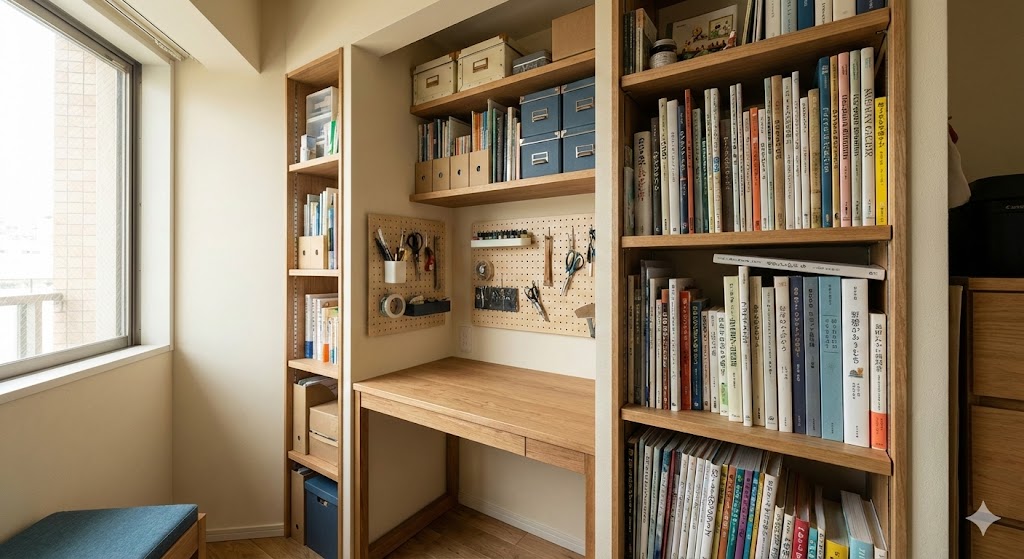 コンパクトなスペースに画材とデスクを機能的に配置した実例
