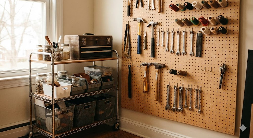 壁一面の有孔ボードに、美しくレイアウトされたレザークラフト工具