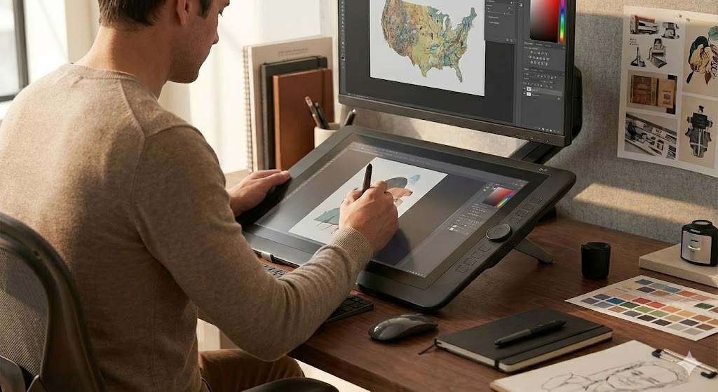 高性能なPCと大型ペンタブレットが配置されたプロ仕様の作業デスク