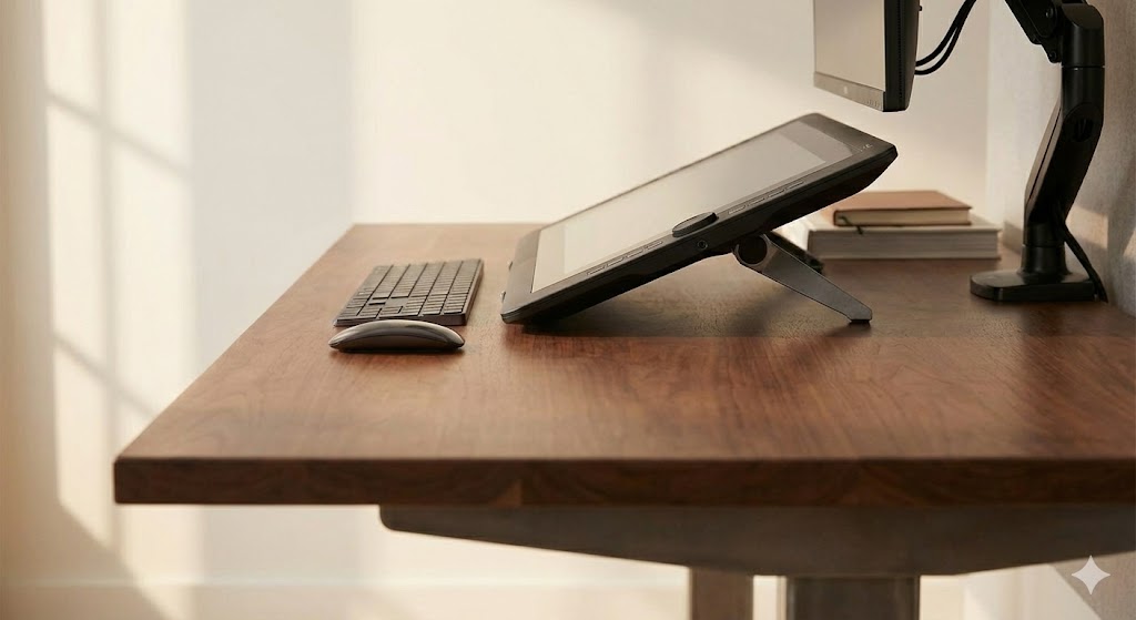 奥行き80cmのデスクに設置されたWacom Cintiq Pro 24とモニターのレイアウト