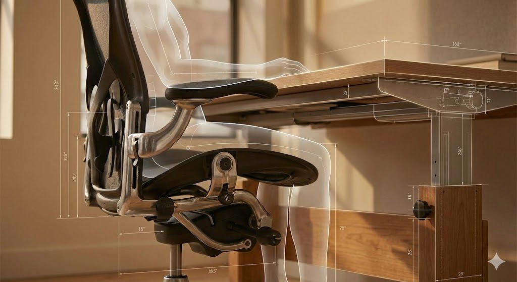 正しい姿勢で描画作業を行うイラストレーターとエルゴノミクス理論に基づくデスク構成