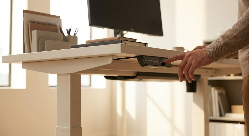 FlexiSpot E7電動昇降デスクを使用してスタンディングで作業するイラストレーター