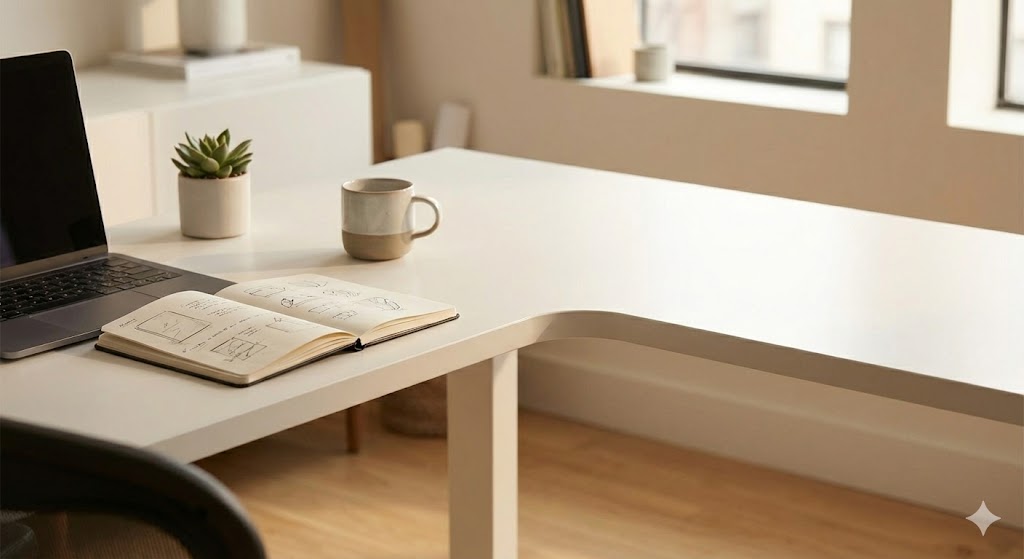 清潔感のある白いL字型デスクで構築されたミニマルなイラスト制作環境