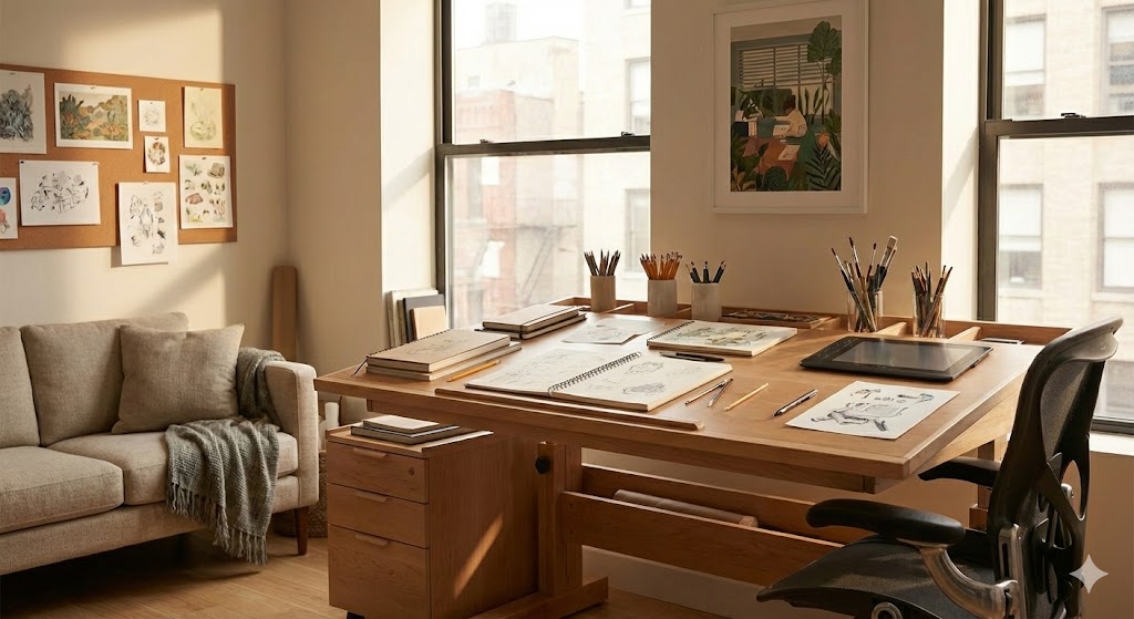 モニターアームや高機能チェアを完備した完成形のイラストレーター・アトリエ