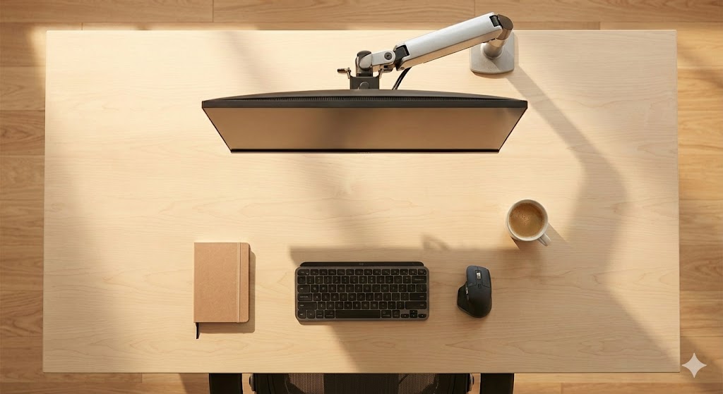 モニターアームを使用してデスク上に浮かせた液タブとメインモニターの配置例