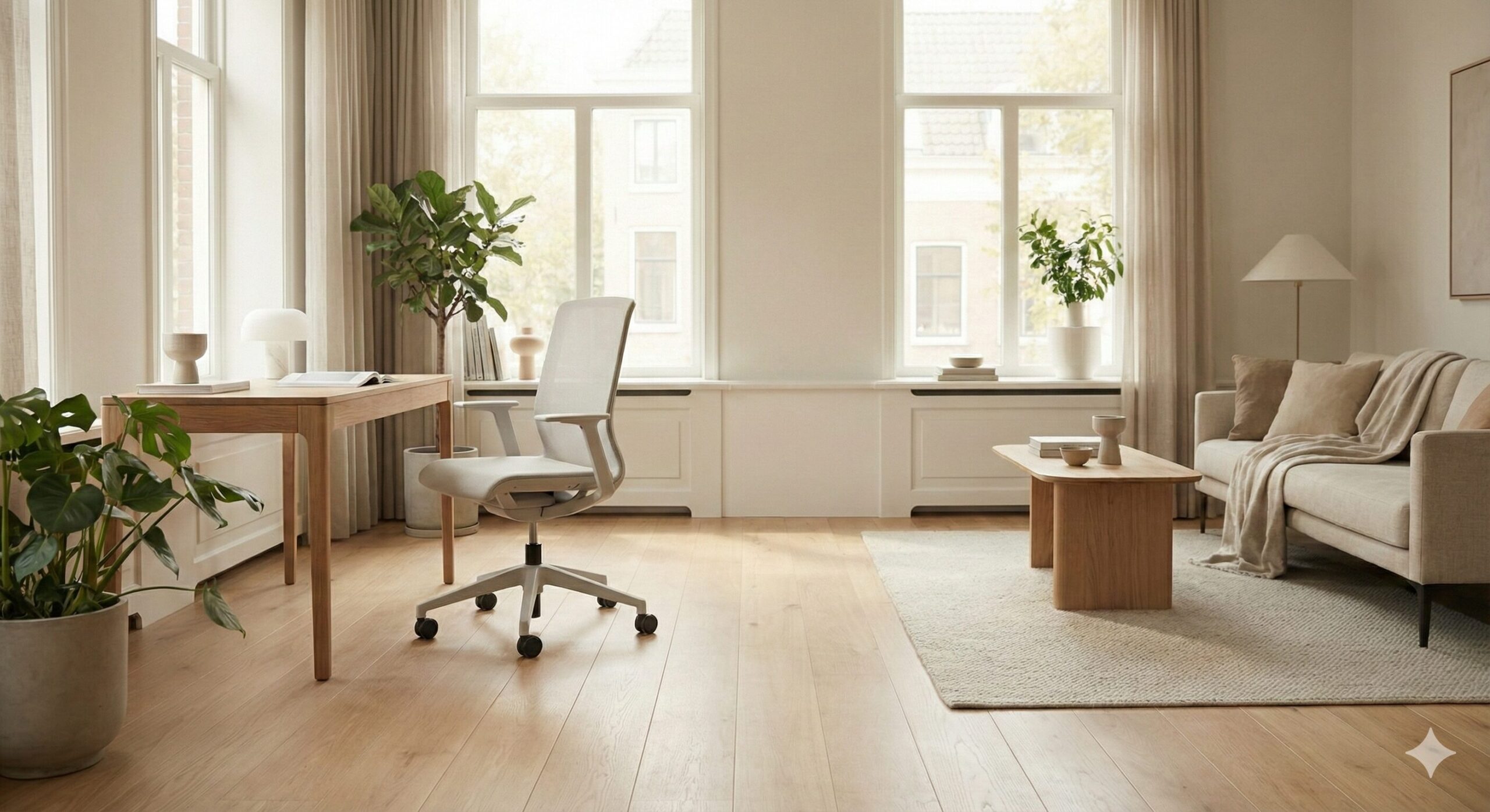 リビングのインテリアに調和するパームワークチェアのホワイトモデル