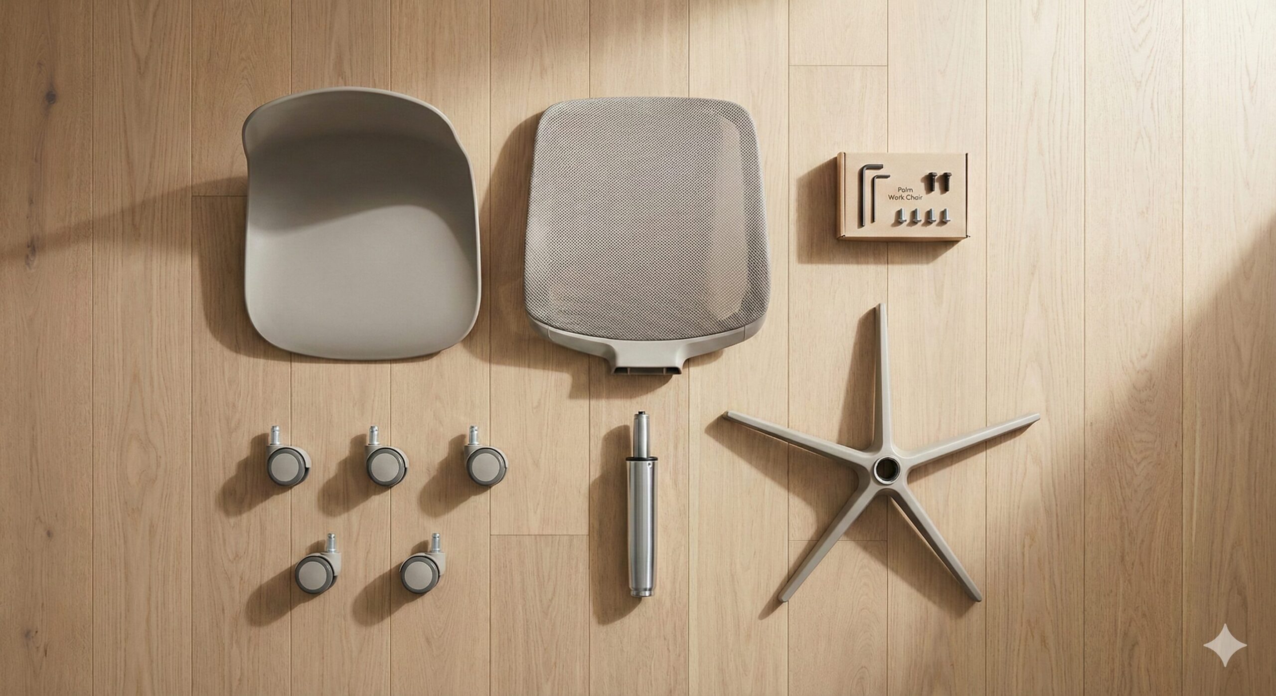 パームワークチェアの組み立てパーツと工具