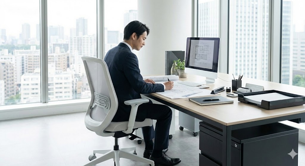 白い壁と調和するホワイトフレームのメッシュワークチェア