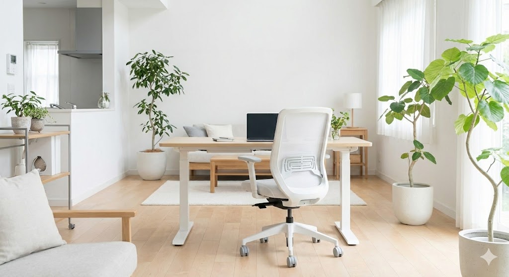 北欧風の明るい部屋に配置された白いメッシュチェア