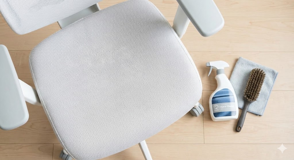白いメッシュチェアのメンテナンス道具と掃除の様子