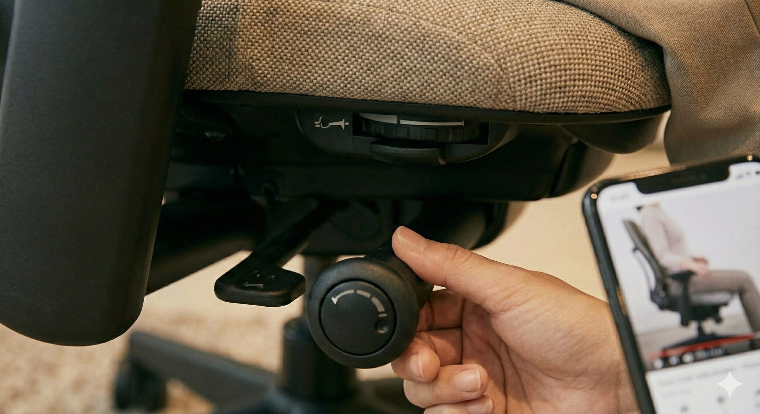 リーブチェアのライブバック機能調整ダイヤルとアームレストの可動域