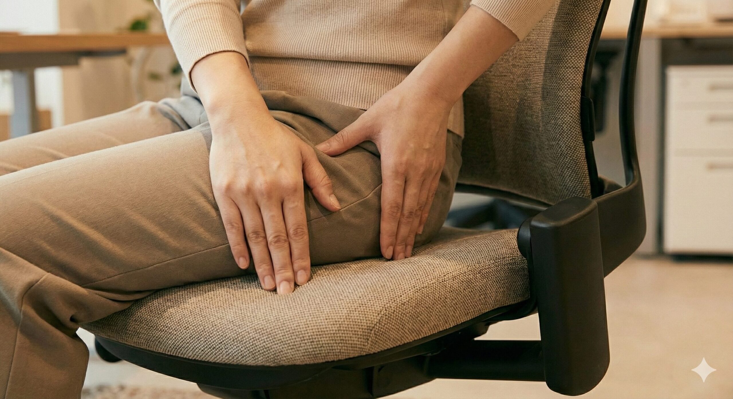 ショールームで実際に靴を履いたままデスクに向かい作業姿勢を確認する様子