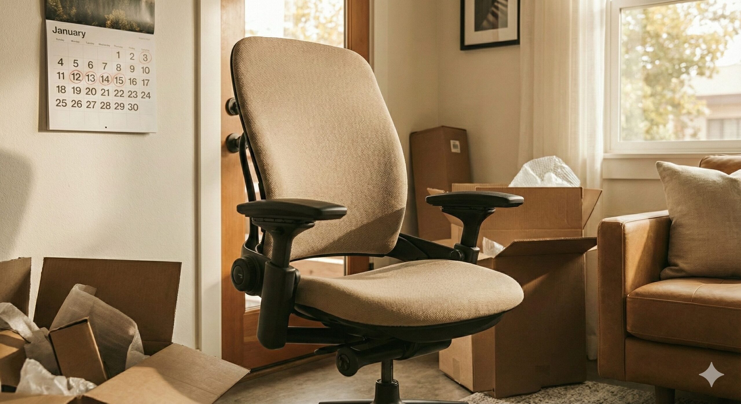 自宅の書斎に配送されたリーブチェアを設置してテレワークを行う様子