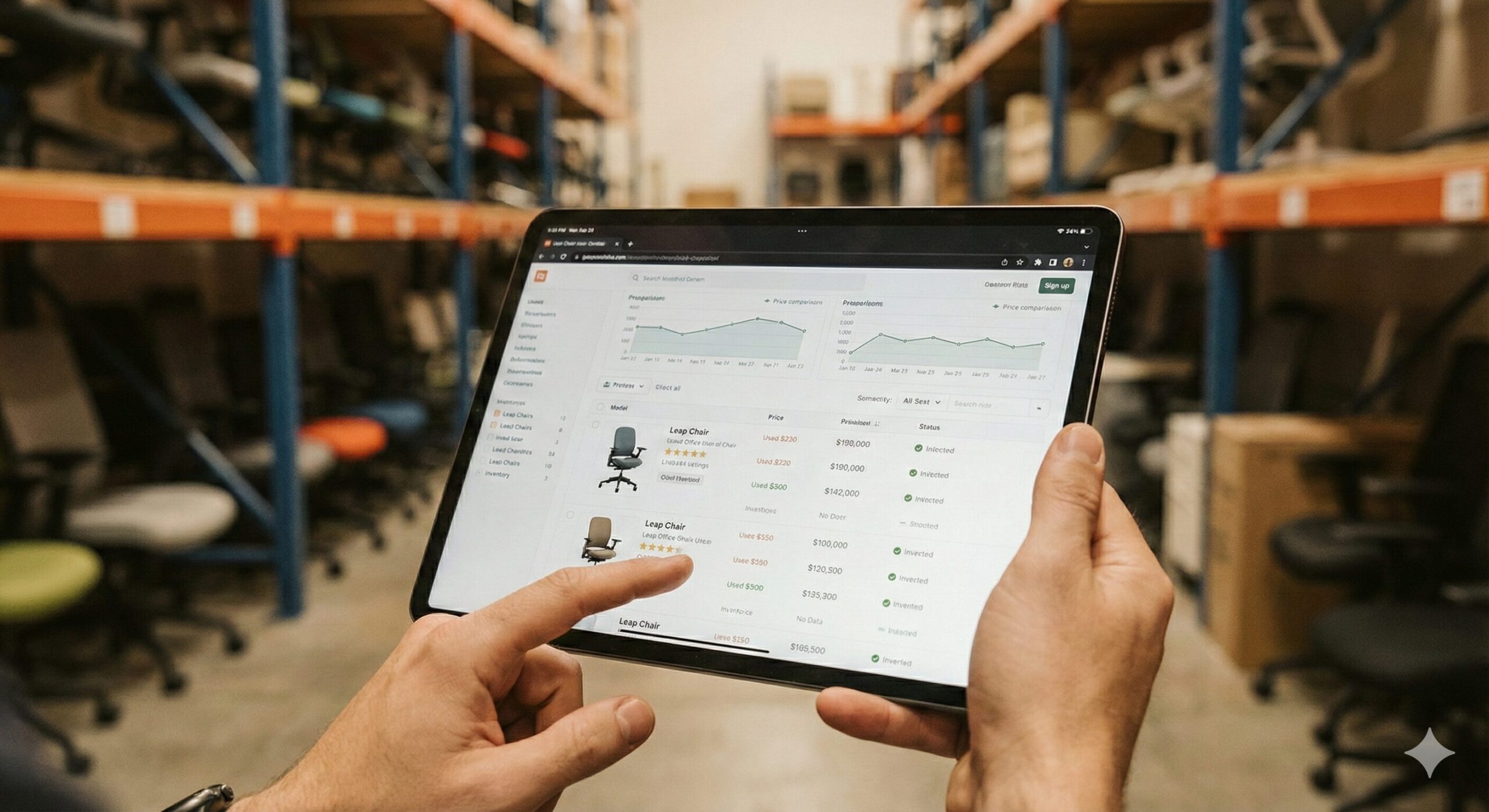 中古オフィス家具店に並ぶリユース品のオフィスチェアの列