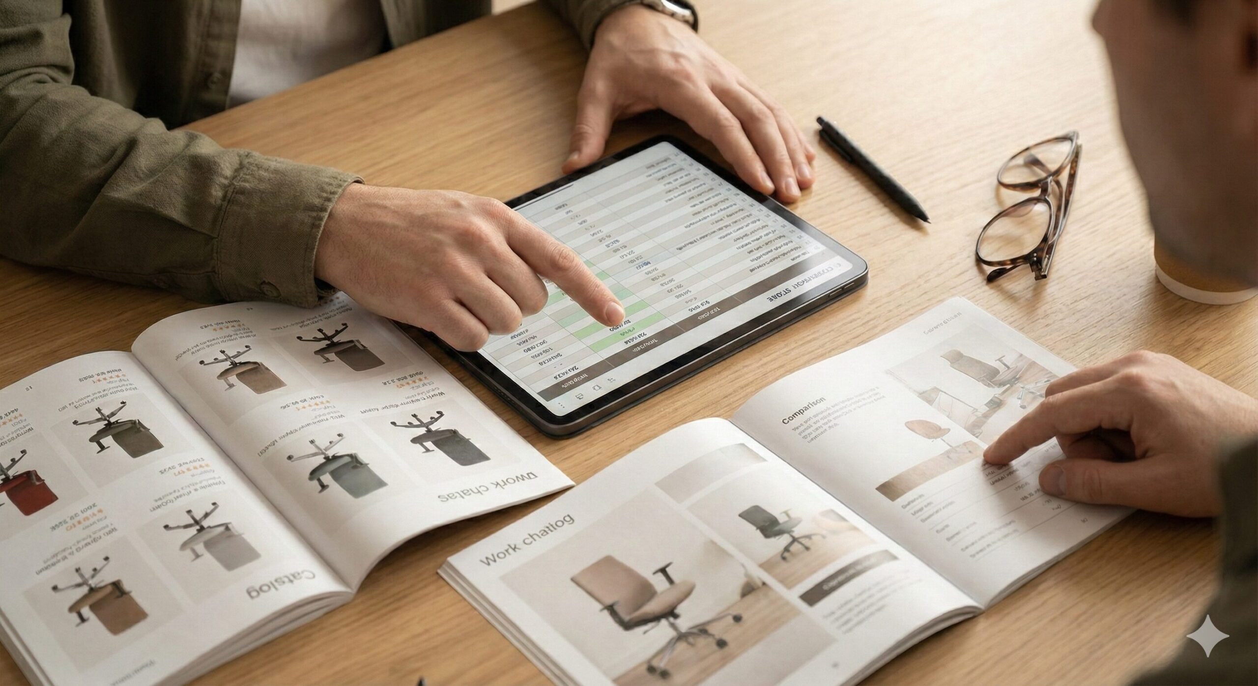 スペック表や価格を見比べて椅子を選ぶ図