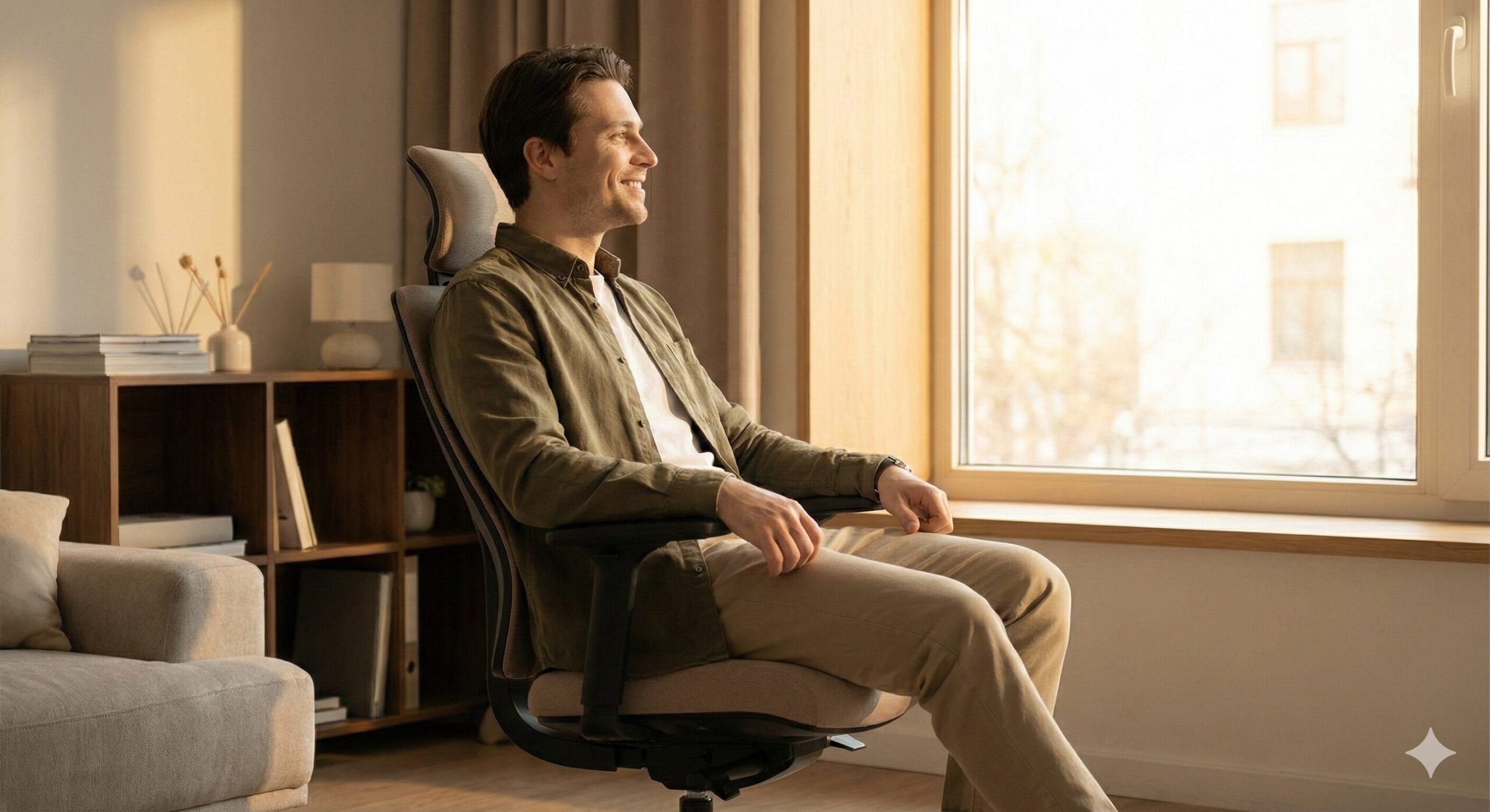 自分に合った椅子を選び抜いた後の満足した表情