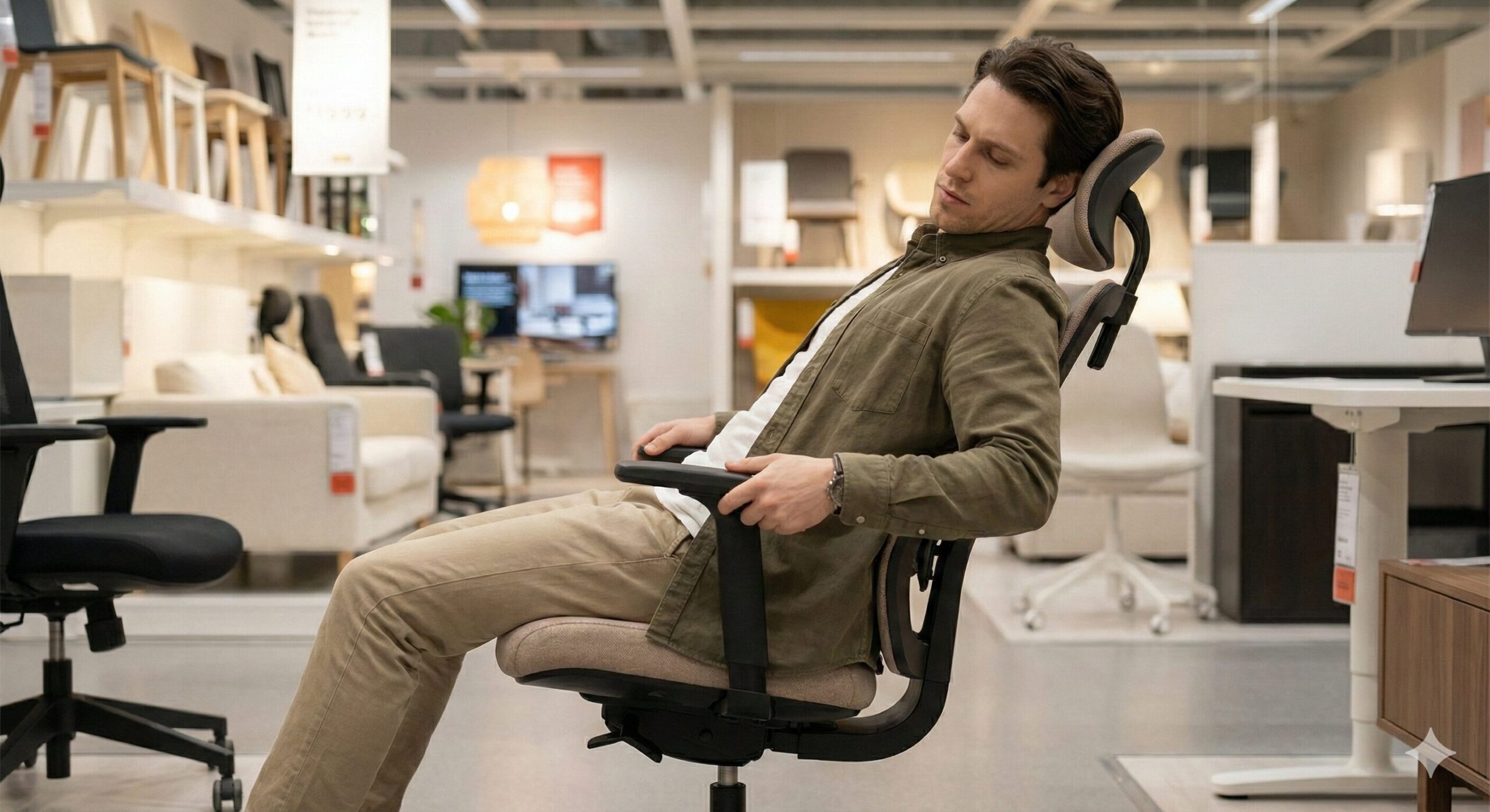 インテリアショップでおしゃれな椅子を試す様子