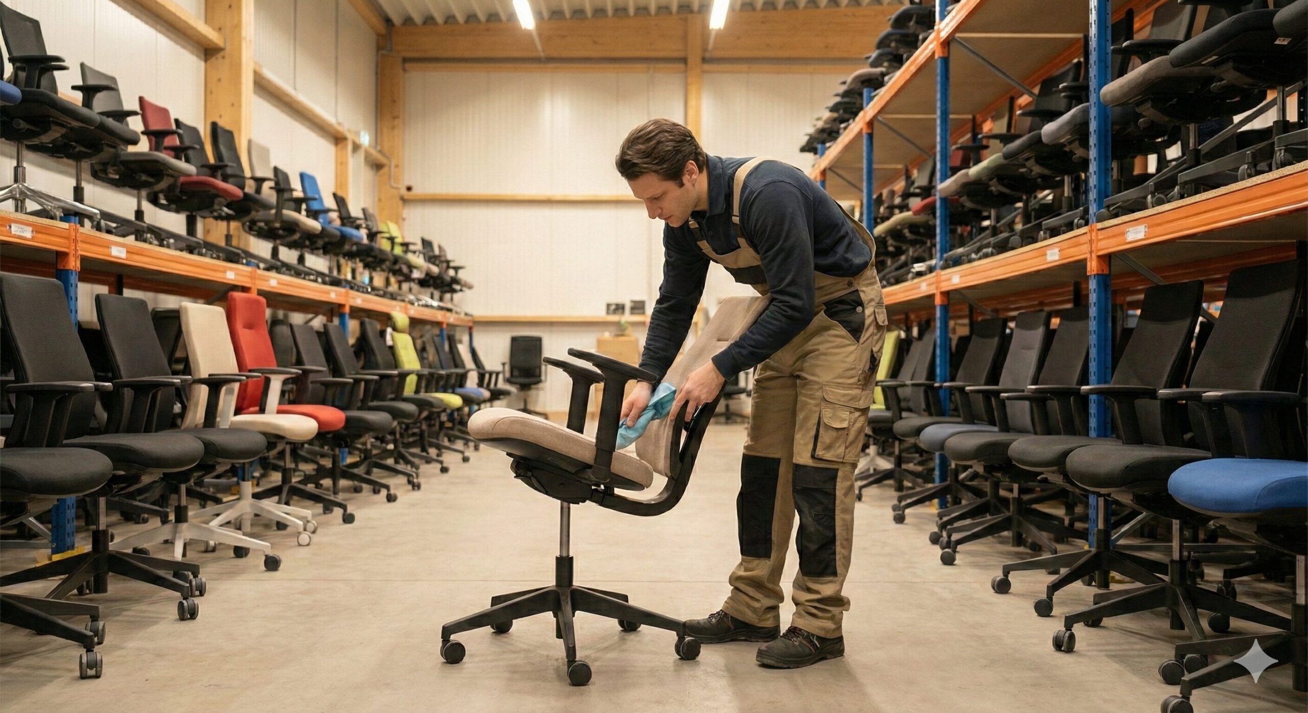 中古オフィス家具店で清掃済みの椅子が並ぶ様子