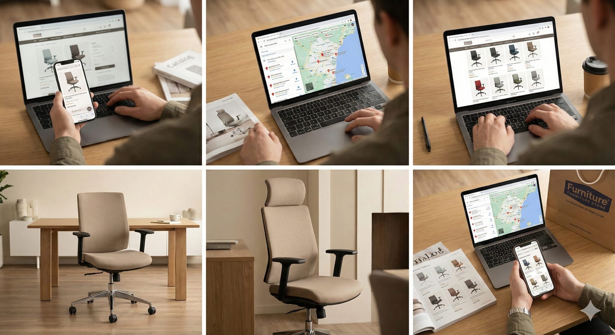 スマホで価格をチェックしながら店舗で椅子を試す様子