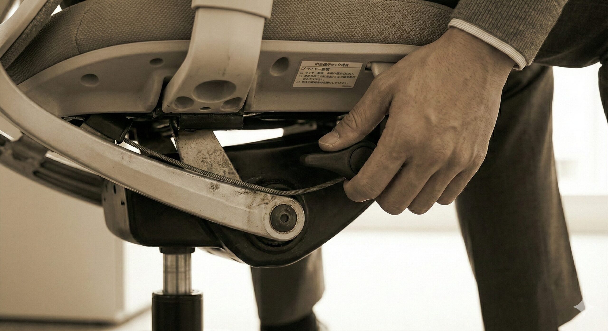 座面右下の強弱調整ハンドルを回す操作の様子