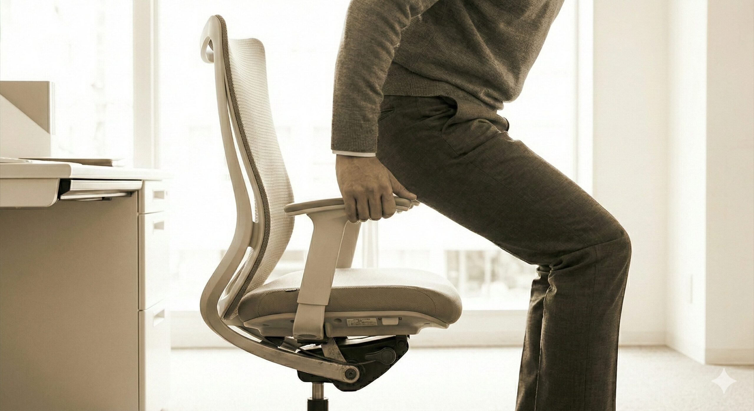 背もたれに一度体重を預けてロックを解除する瞬間のイラスト