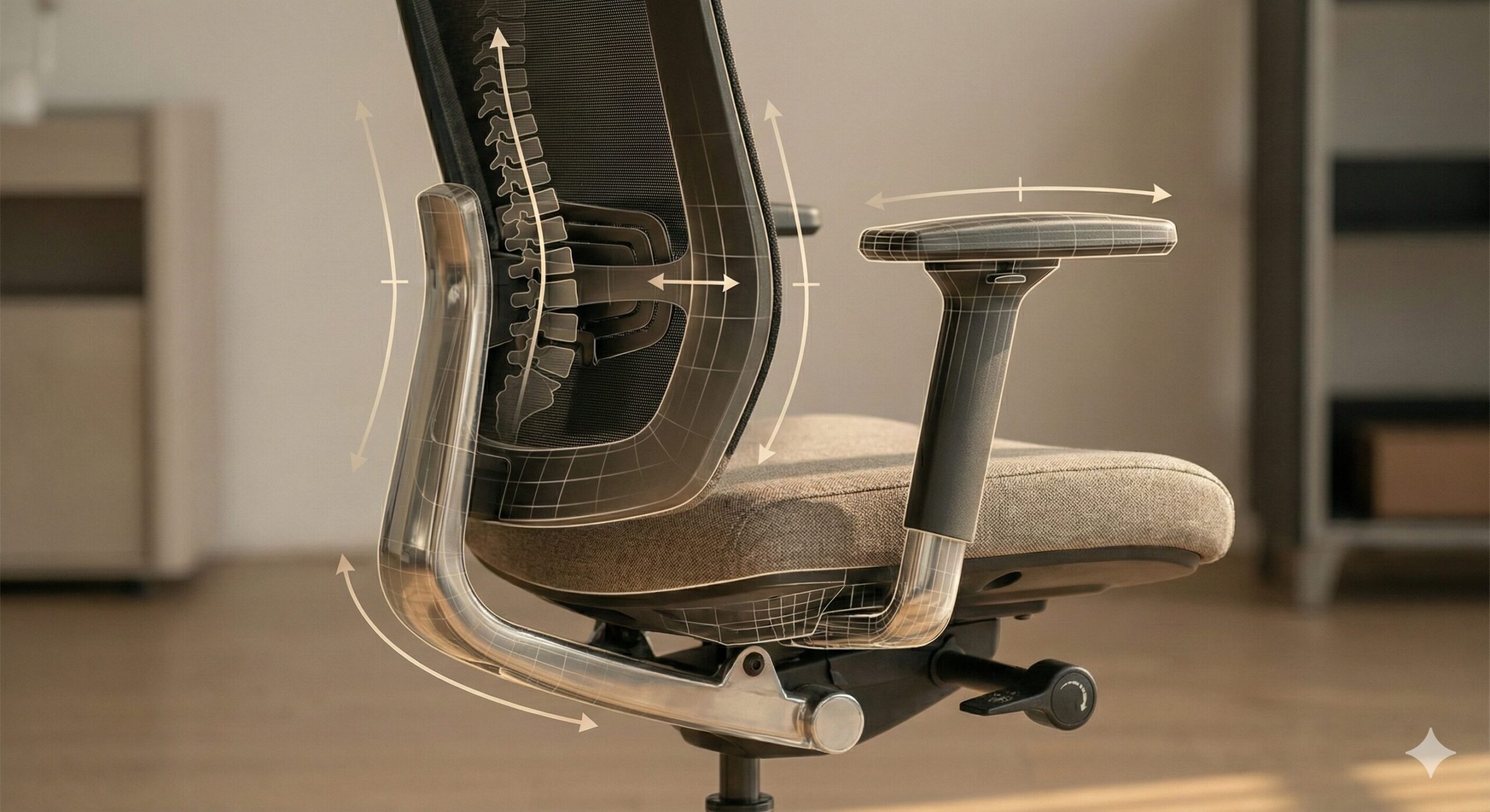 人間工学に基づいた椅子の可動部分のクローズアップ