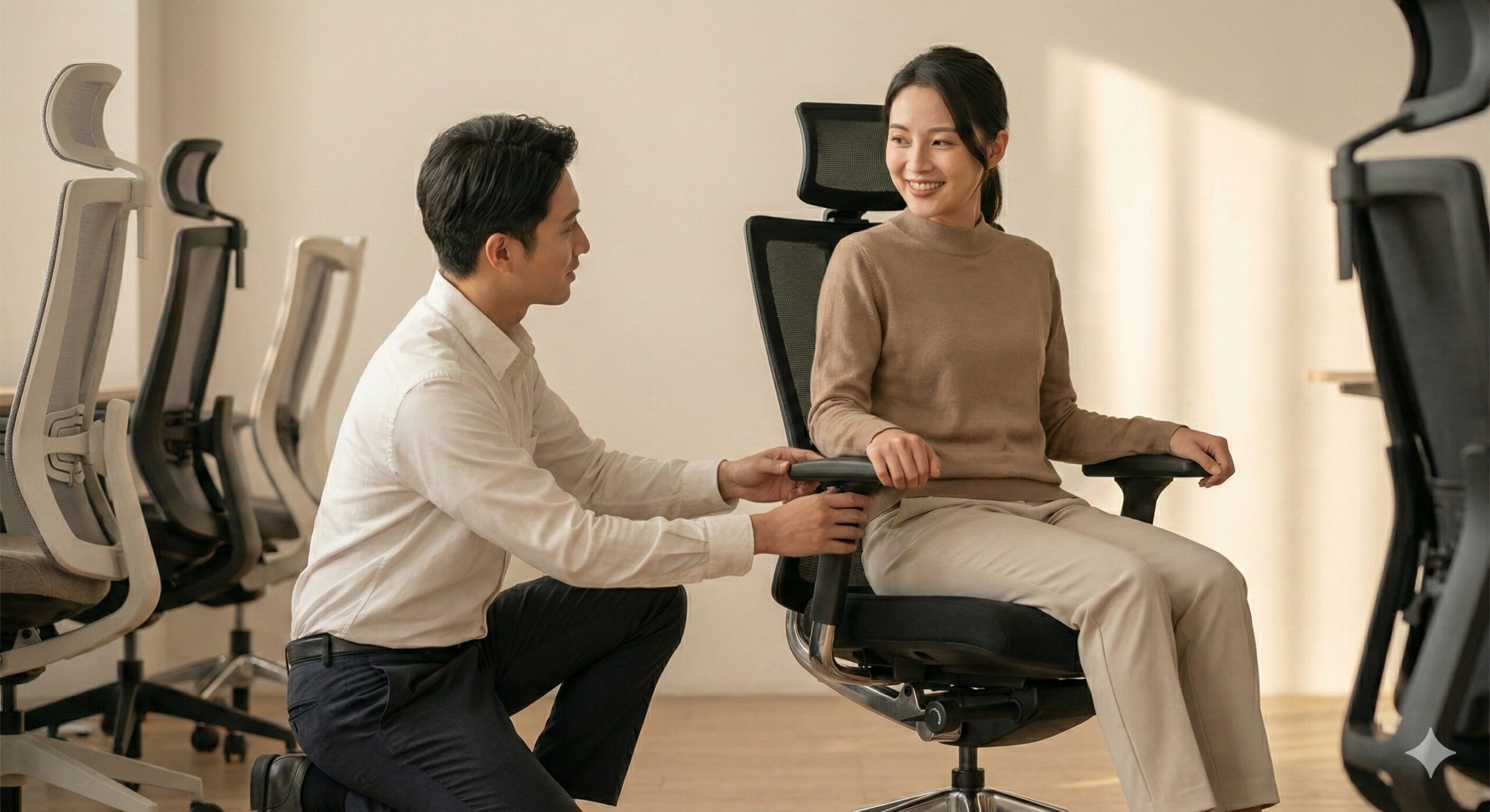 ショールームに並ぶ多様な種類の椅子