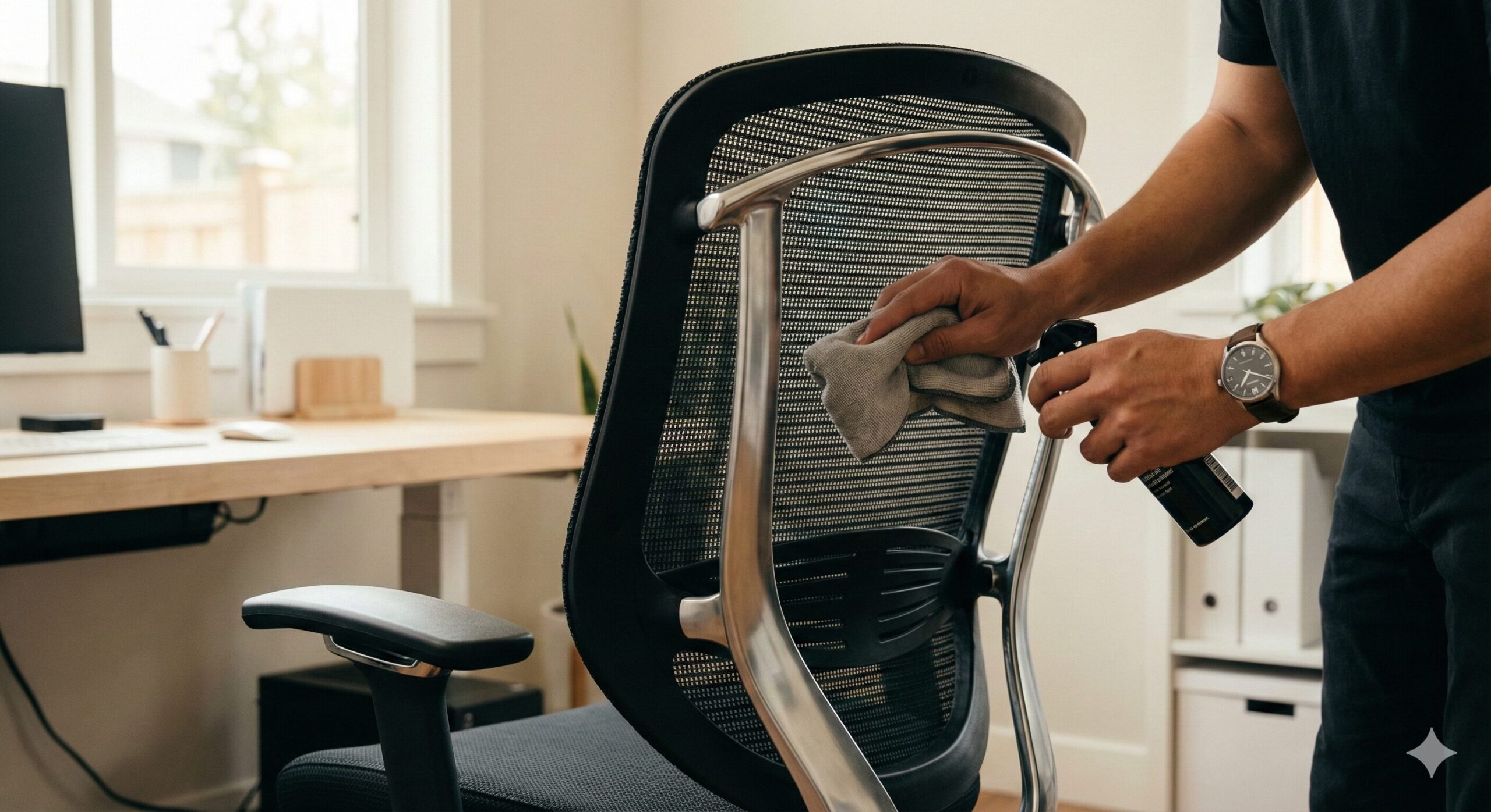 椅子を丁寧に掃除して手入れをする様子