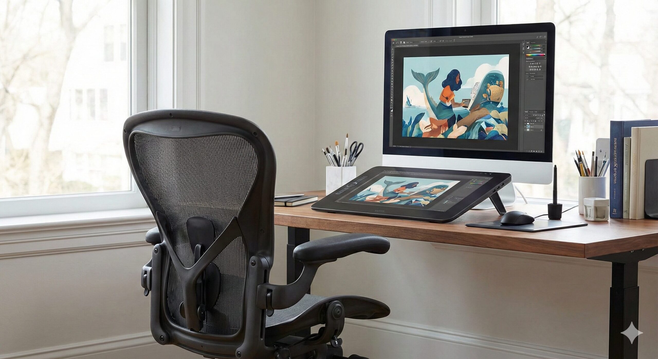 洗練されたワークスペースでイラスト制作に集中するプロフェッショナルの姿